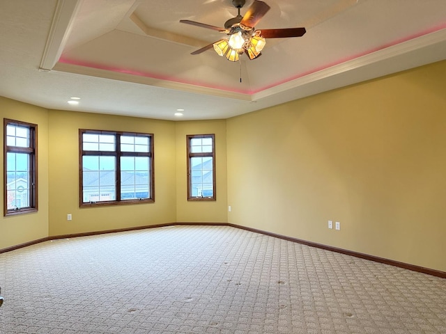 empty room featuring carpet flooring, a tray ceiling, and ceiling fan