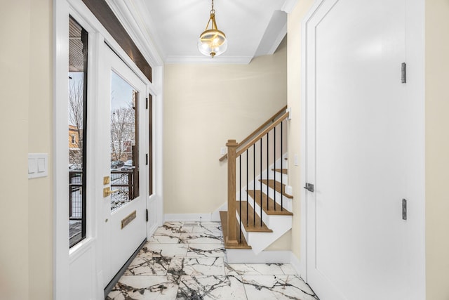 foyer with marble finish floor, baseboards, stairway, and ornamental molding