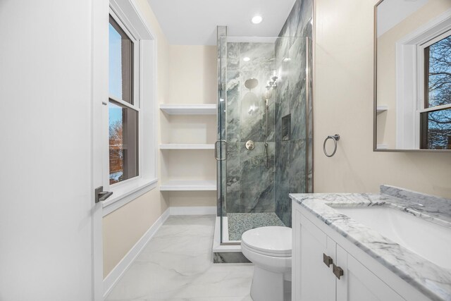 bathroom featuring toilet, a healthy amount of sunlight, an enclosed shower, and vanity