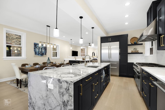 kitchen featuring light wood finished floors, open shelves, a sink, high quality appliances, and extractor fan