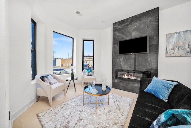 living room featuring hardwood / wood-style floors and a premium fireplace