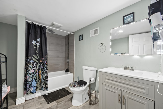 full bathroom featuring toilet, vanity, shower / bath combo, and hardwood / wood-style flooring