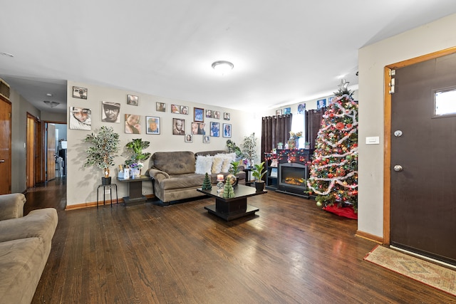 living room featuring a fireplace and dark hardwood / wood-style floors