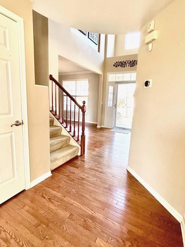 entrance foyer with a high ceiling and hardwood / wood-style floors