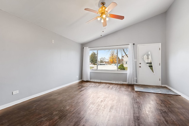 interior space with ceiling fan, wood-type flooring, and high vaulted ceiling