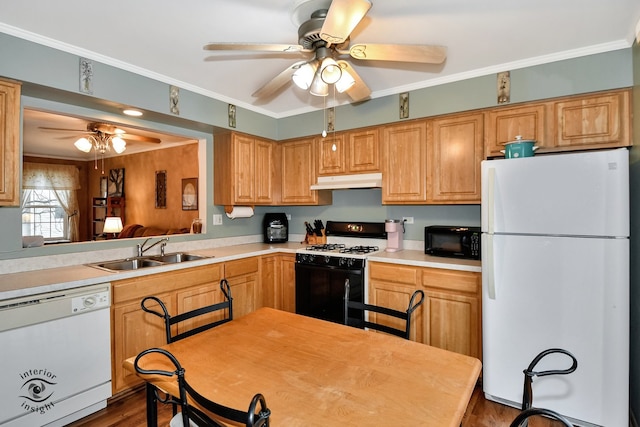 kitchen featuring white appliances, sink, ceiling fan, ornamental molding, and dark hardwood / wood-style flooring