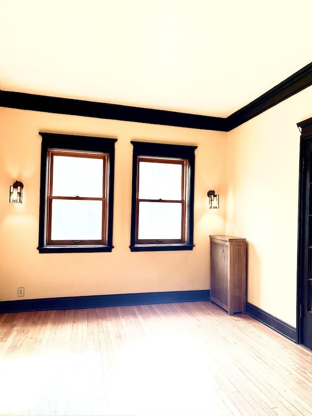 empty room with light hardwood / wood-style floors and ornamental molding