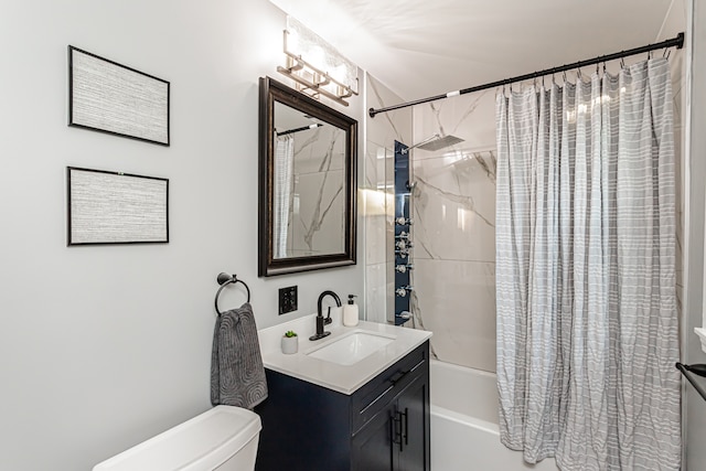 full bathroom with vanity, shower / bathtub combination with curtain, and toilet