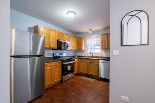 kitchen with sink, dark wood-type flooring, and appliances with stainless steel finishes