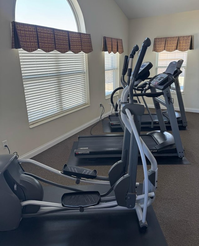 exercise room featuring vaulted ceiling