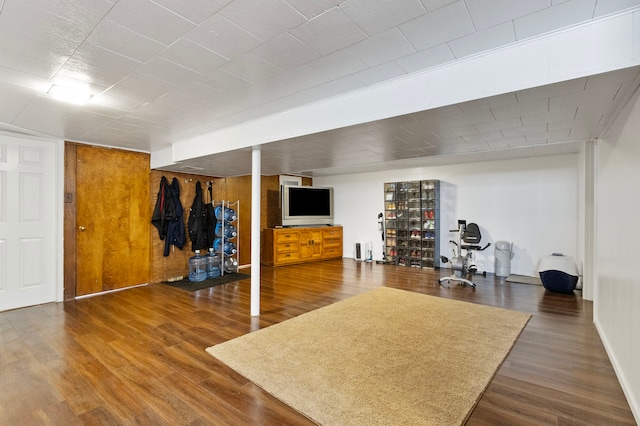 workout room featuring wood walls and dark hardwood / wood-style floors