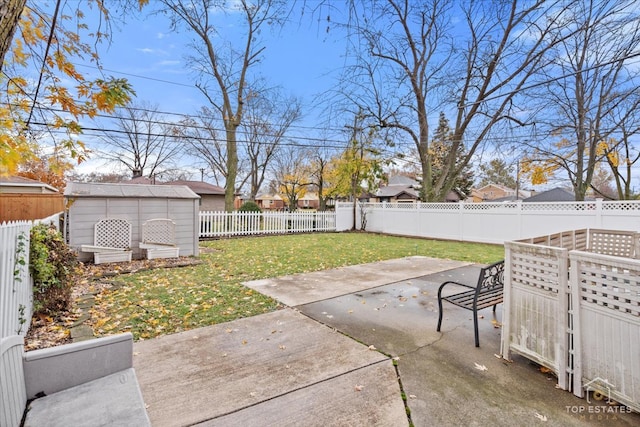 view of yard featuring a patio and a shed