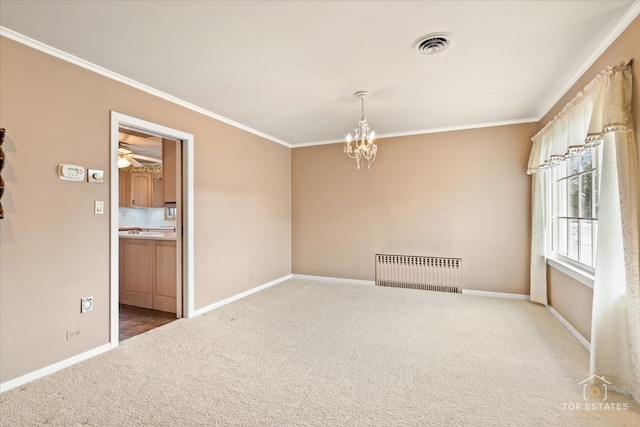 carpeted empty room with a notable chandelier, ornamental molding, and radiator