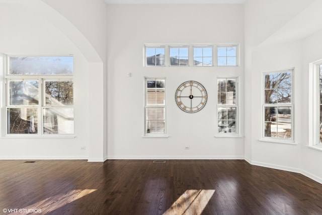 interior space featuring dark hardwood / wood-style floors and a high ceiling