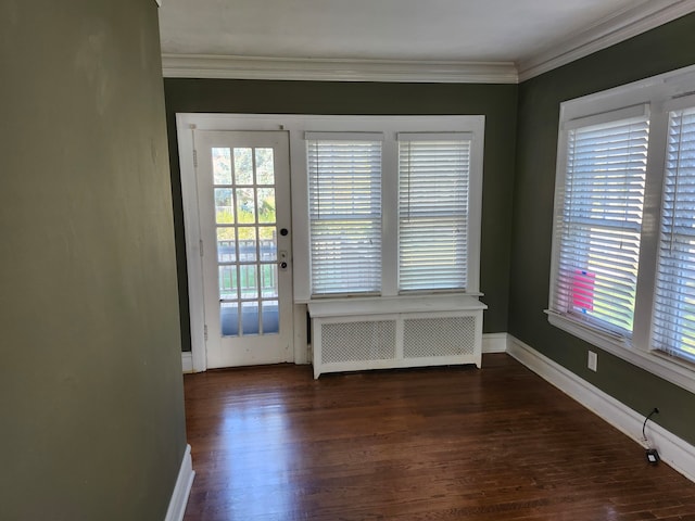 interior space with crown molding, dark wood-type flooring, and radiator