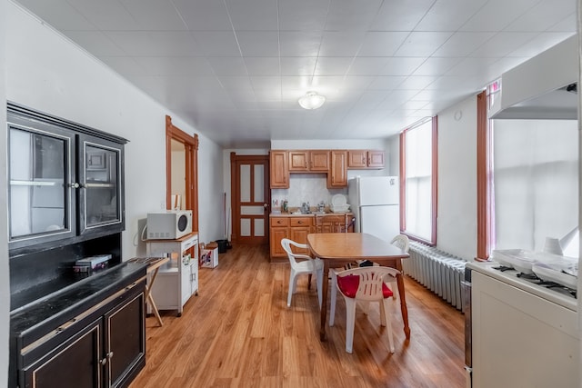 kitchen with backsplash, radiator, white appliances, sink, and light hardwood / wood-style floors