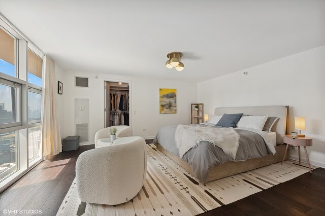 bedroom with a closet, a walk in closet, dark hardwood / wood-style floors, and multiple windows