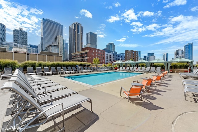 view of swimming pool featuring a patio