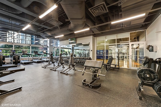 gym with a high ceiling