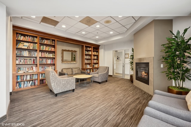 living area featuring carpet flooring