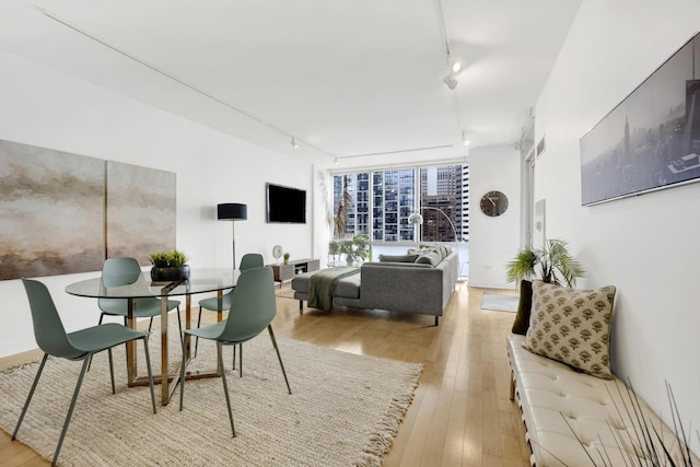 dining space with rail lighting and light hardwood / wood-style flooring