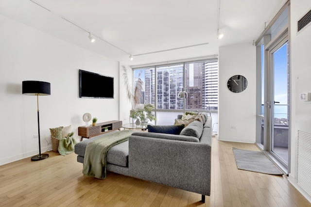 living room with light wood-type flooring, rail lighting, and a wealth of natural light