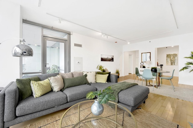 living room featuring wood-type flooring and track lighting