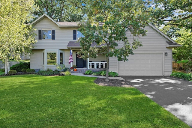 view of property with covered porch, a front yard, and a garage