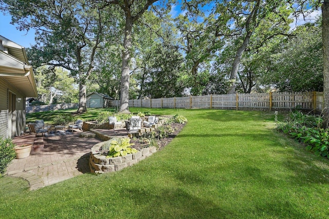 view of yard featuring a patio area and a storage shed