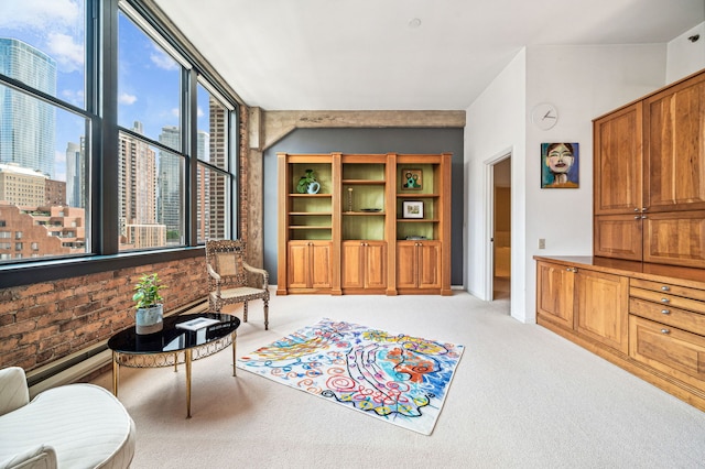 sitting room featuring carpet, a city view, and brick wall