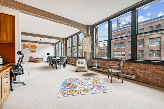 carpeted home office featuring a baseboard radiator, brick wall, and beam ceiling