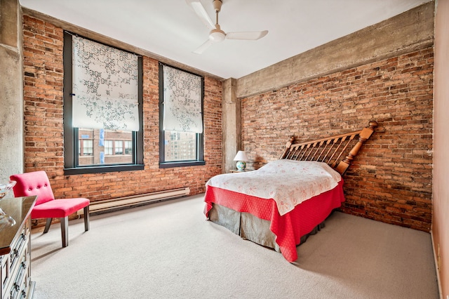 bedroom with brick wall, a baseboard radiator, ceiling fan, and carpet flooring