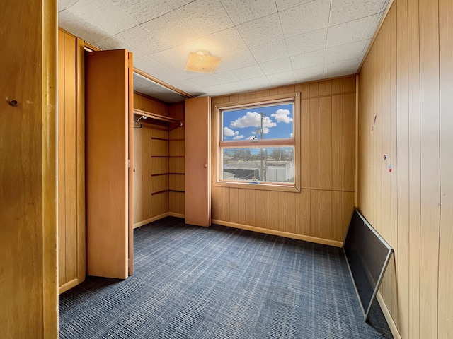 interior space featuring wood walls, a closet, and dark carpet