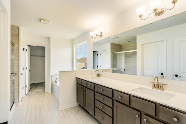 full bathroom featuring double vanity, a sink, a bath, and a shower stall