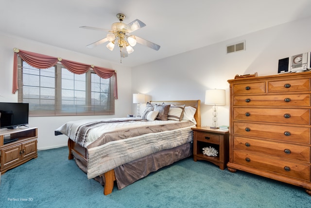 carpeted bedroom featuring ceiling fan