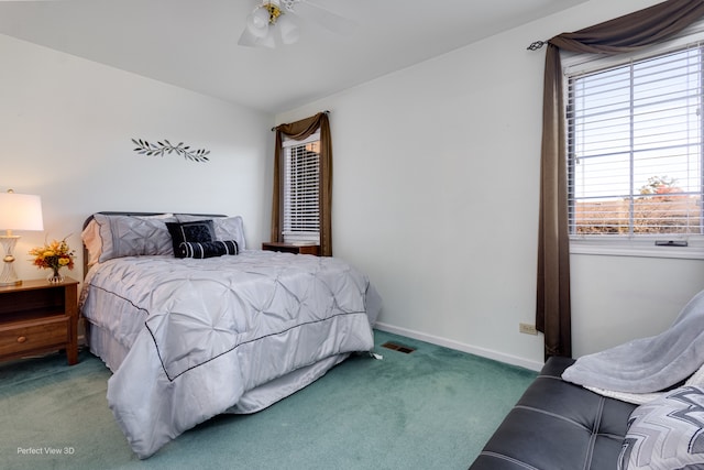 bedroom featuring carpet flooring and ceiling fan