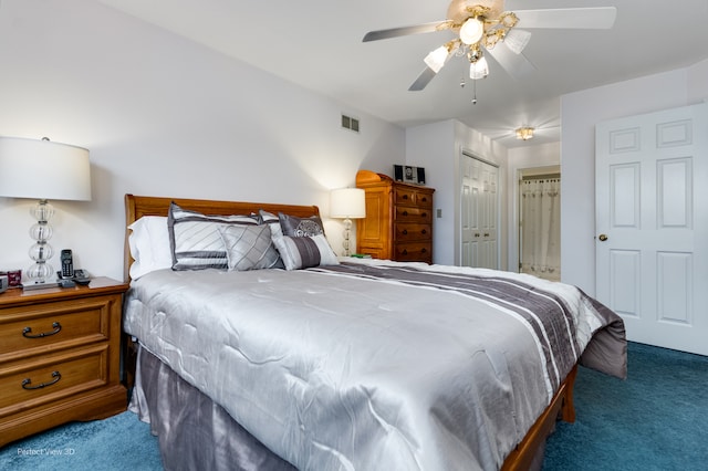 bedroom with carpet flooring and ceiling fan