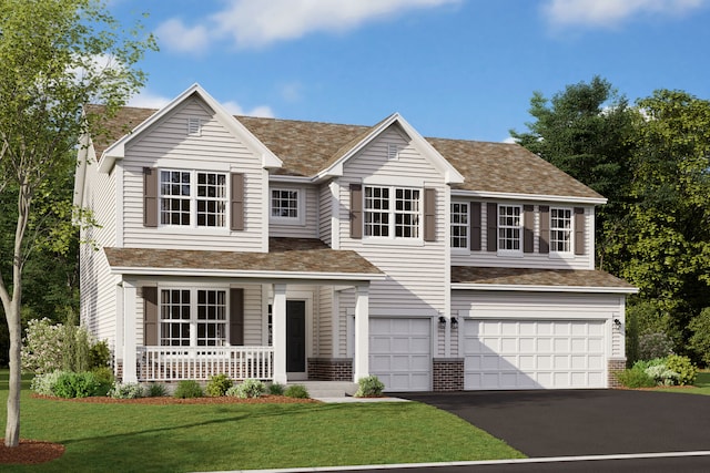 view of front of home featuring a porch, a garage, and a front lawn