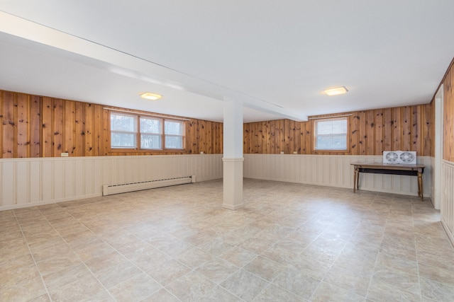 basement with wooden walls and a baseboard radiator