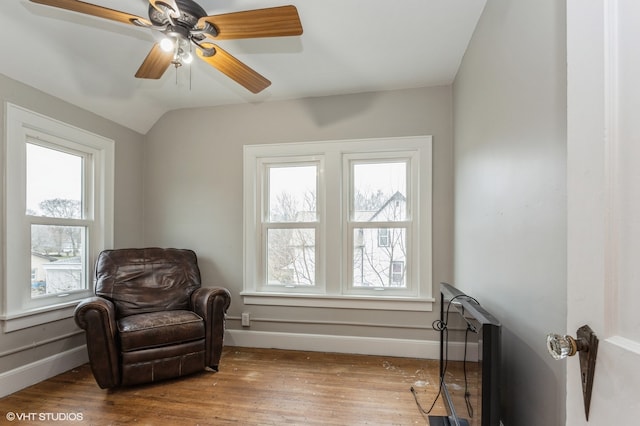 living area featuring vaulted ceiling, light hardwood / wood-style flooring, and a wealth of natural light