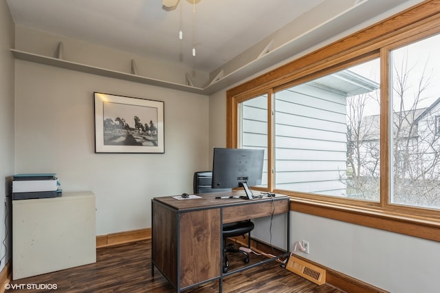 office space with dark hardwood / wood-style flooring, plenty of natural light, and ceiling fan