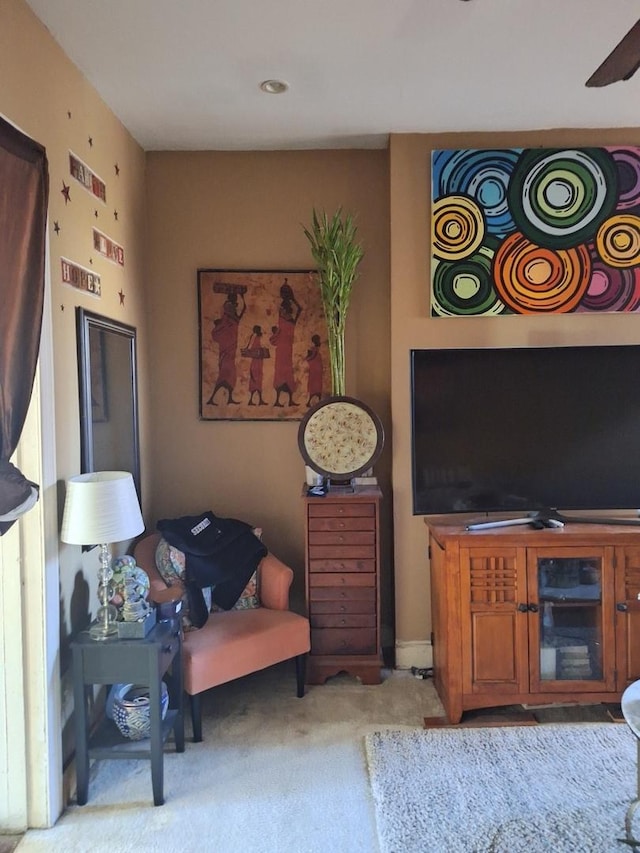 living room featuring light colored carpet