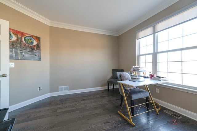 home office featuring dark wood finished floors, baseboards, visible vents, and ornamental molding