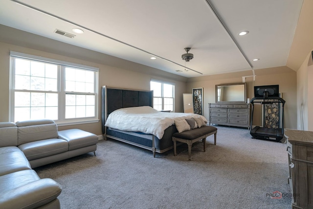 bedroom with recessed lighting, visible vents, and carpet floors