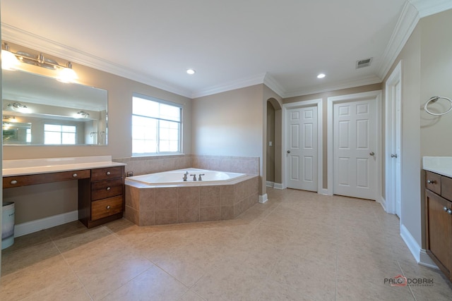 bathroom with visible vents, vanity, and crown molding