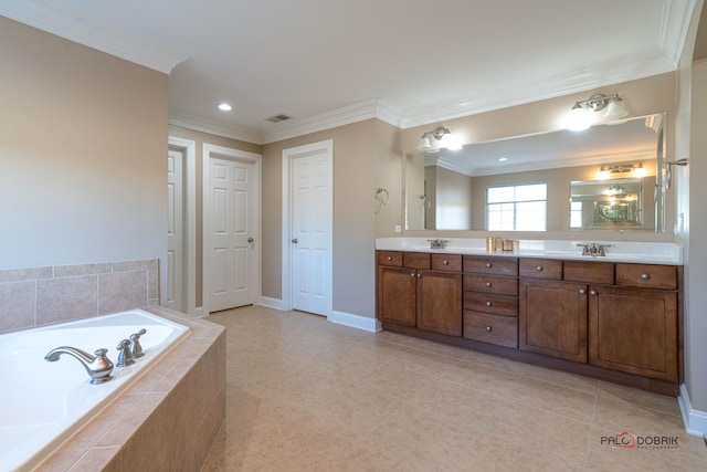 full bath featuring a garden tub, ornamental molding, a sink, double vanity, and baseboards