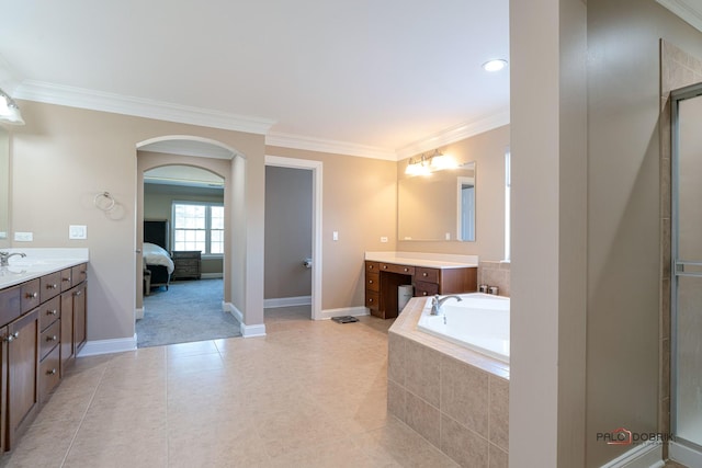 full bath with a shower with shower door, a garden tub, ornamental molding, and vanity