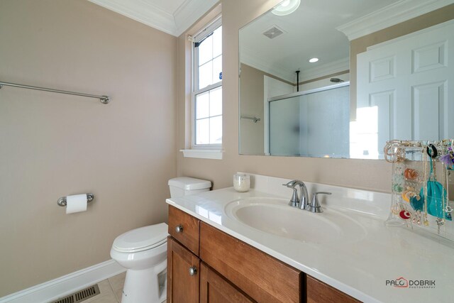 bathroom featuring visible vents, a shower stall, toilet, ornamental molding, and vanity