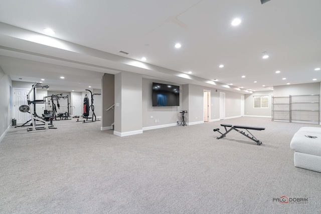 workout room with recessed lighting, visible vents, baseboards, and light carpet