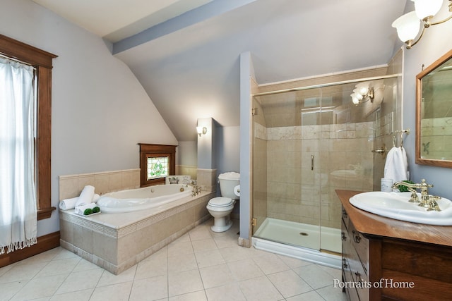 full bathroom with tile patterned floors, vanity, vaulted ceiling, plus walk in shower, and toilet